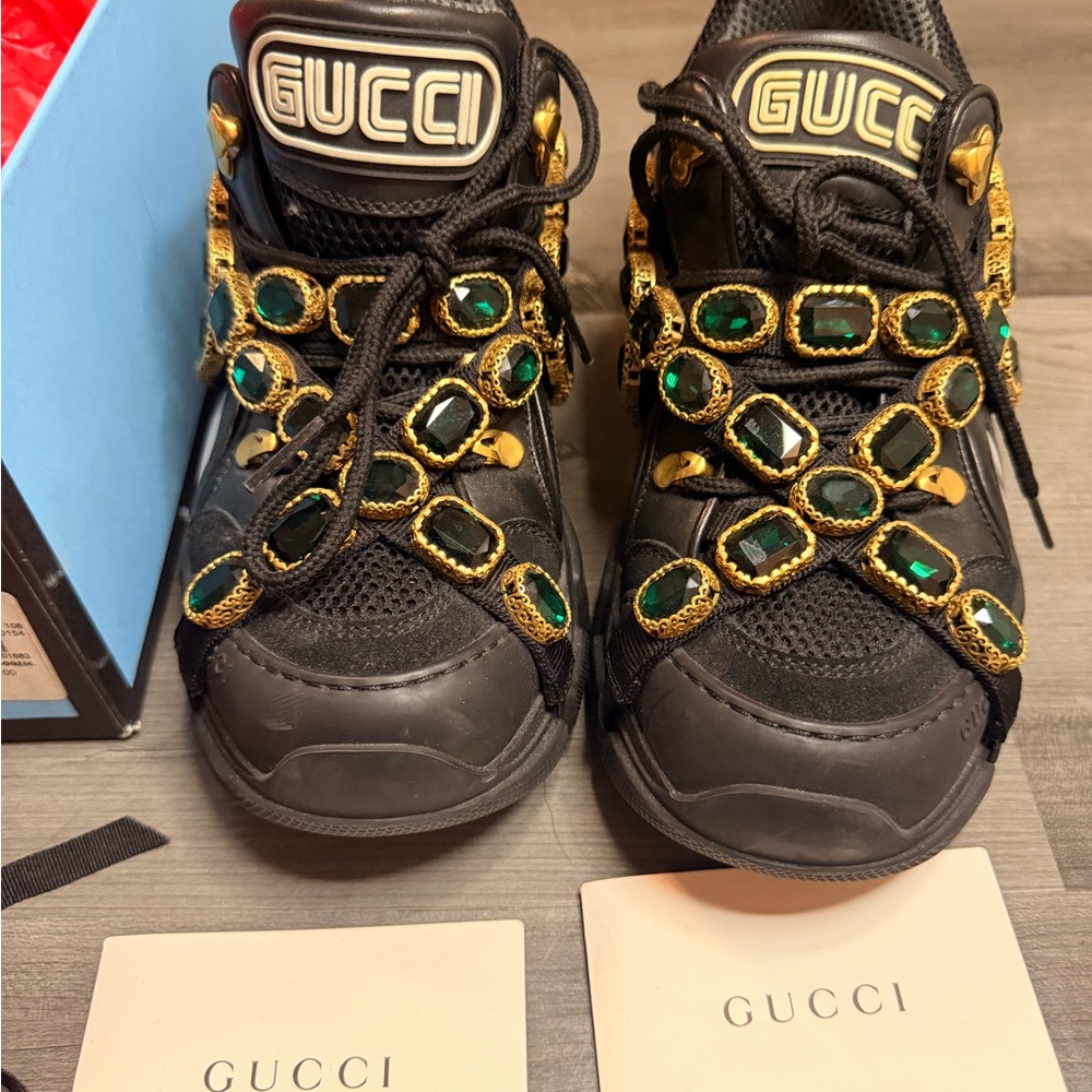 Gucci Flashtrek Embellished Leather Lace-Up Sneakers size 38.5 Woman - Picture 2 of 6